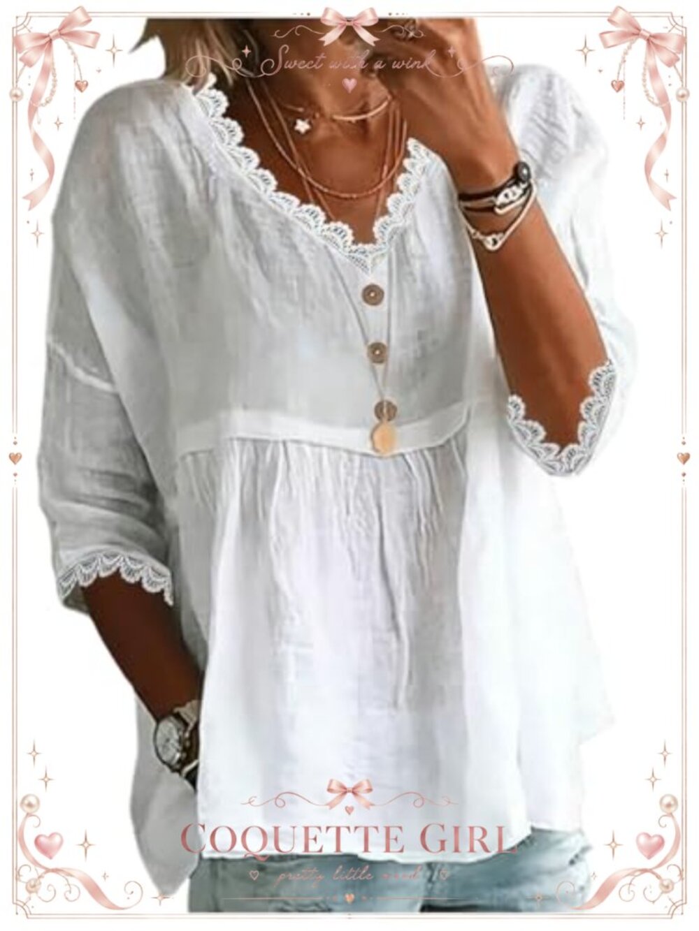 Lace Peplum Blouse 3/4 Bell Sleeve V Neck Tunic Top Dressy
